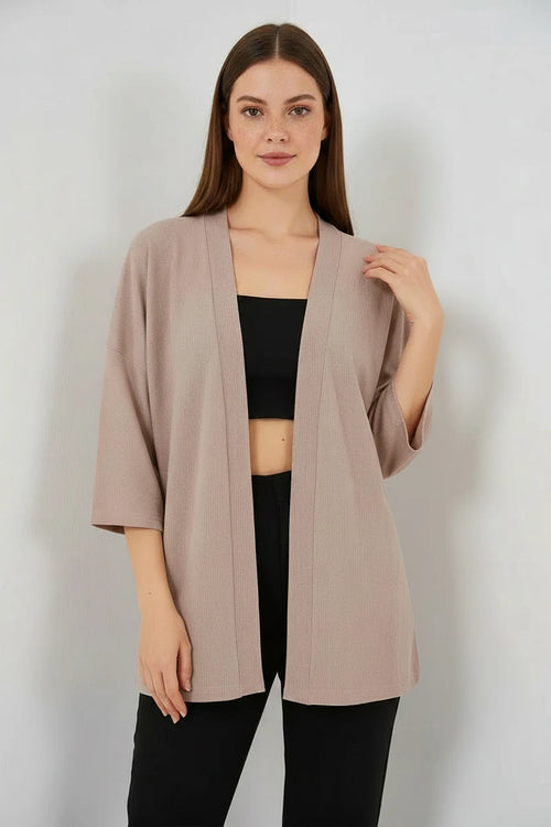Kadın Gömlek Yaka Dökümlü Kol Bej Kimono