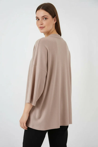 Kadın Gömlek Yaka Dökümlü Kol Bej Kimono