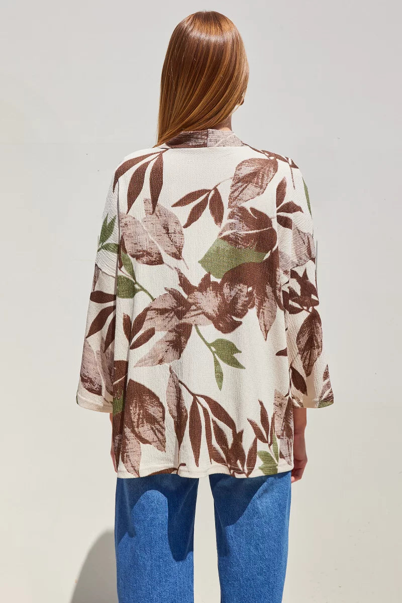Kadın Yaka Çiçek Desenli Haki Kimono