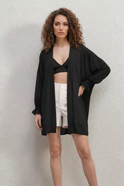 Kadın V Yaka Salaş Kesim Siyah Kimono