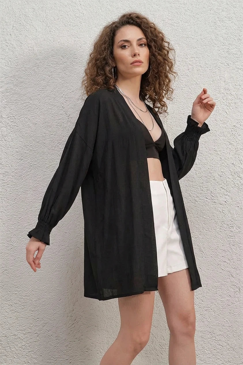 Kadın V Yaka Salaş Kesim Siyah Kimono