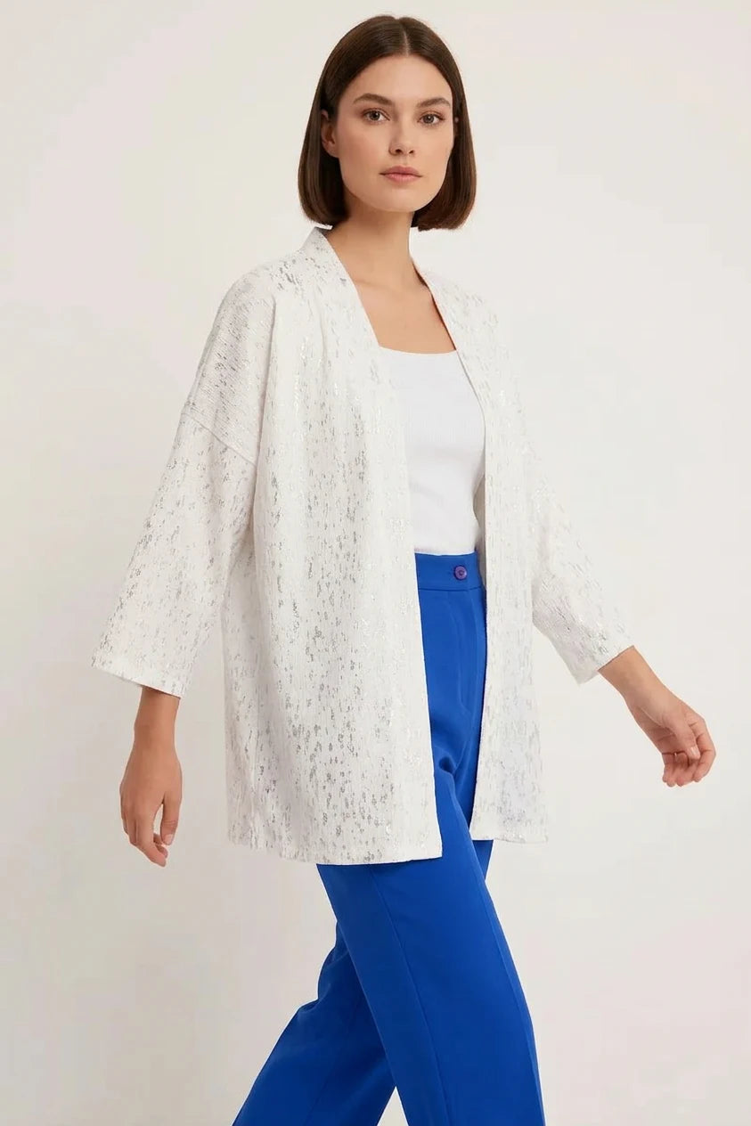 Kadın V Yaka Gümüş Varaklı Kimono