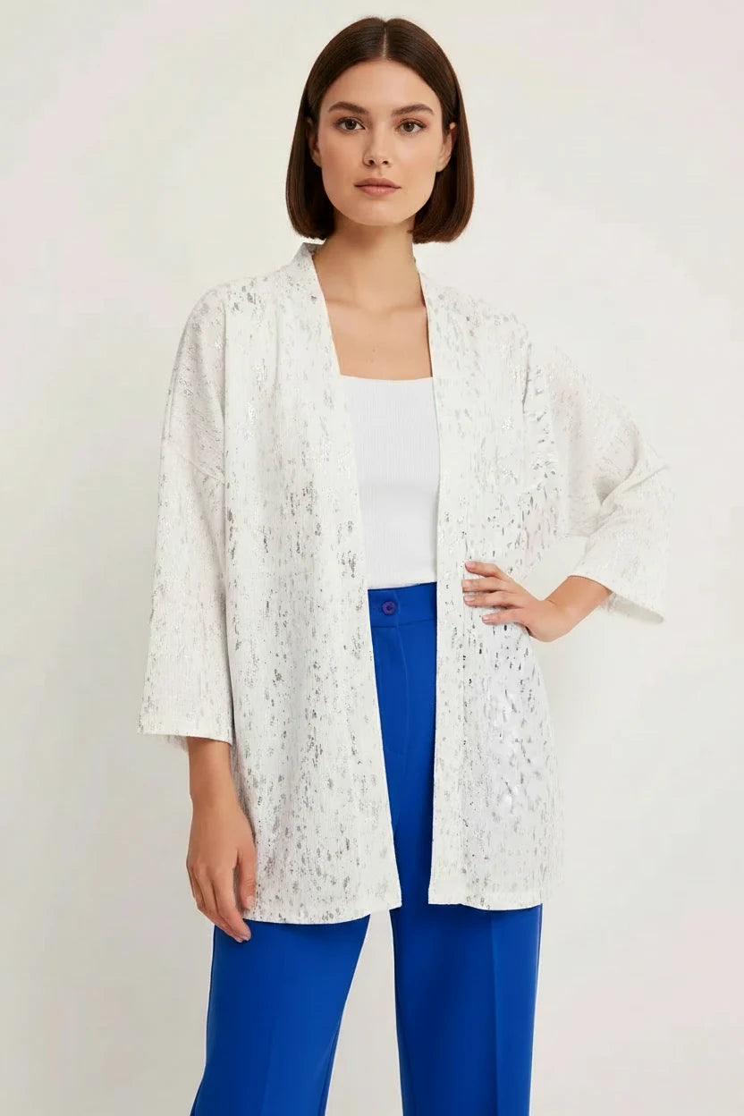 Kadın V Yaka Gümüş Varaklı Kimono