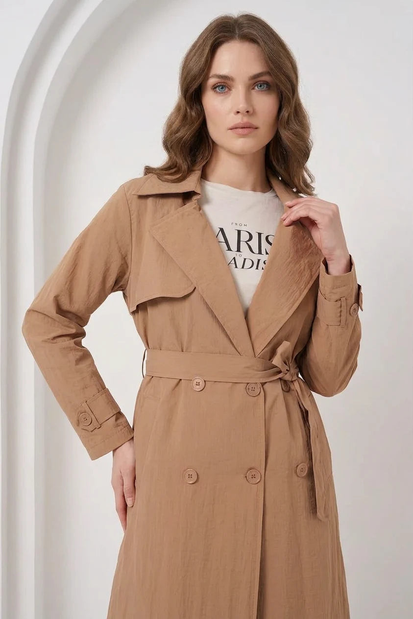 Kadın Kruvaze Yaka Kuşaklı Camel Trençkot