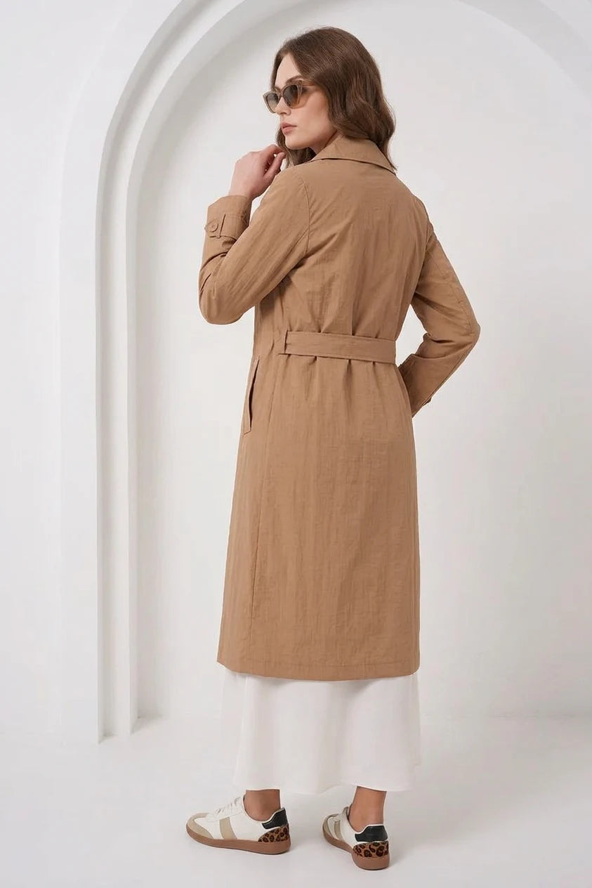 Kadın Kruvaze Yaka Kuşaklı Camel Trençkot