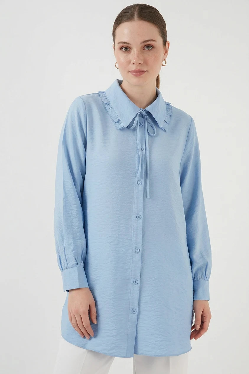 Kadın Fırfırlı Kol Detayı Viskon Mavi Gömlek Tunik
