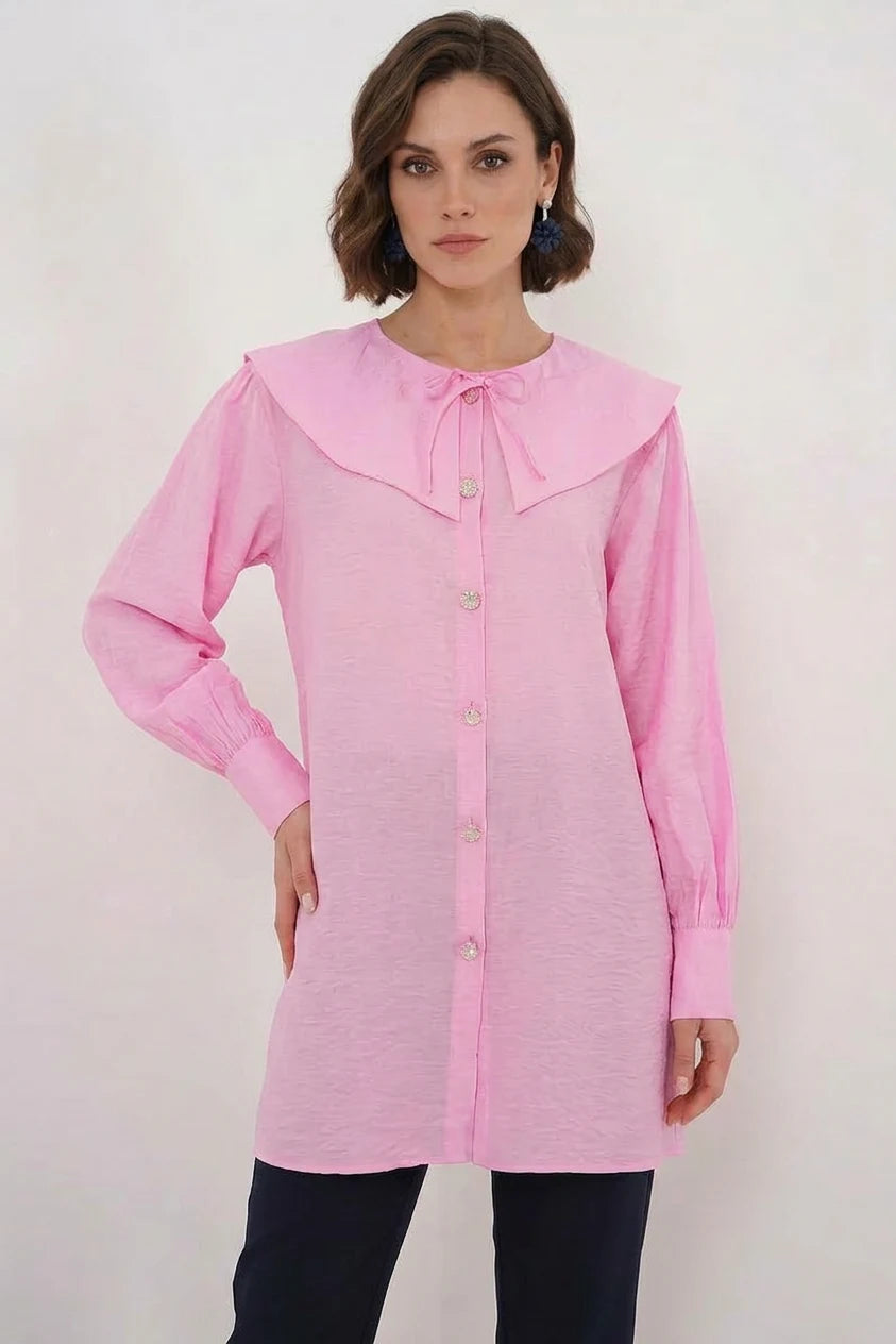 Kadın Geniş Yaka Bebe Fiyonk Detaylı Viskon Pembe Tunik