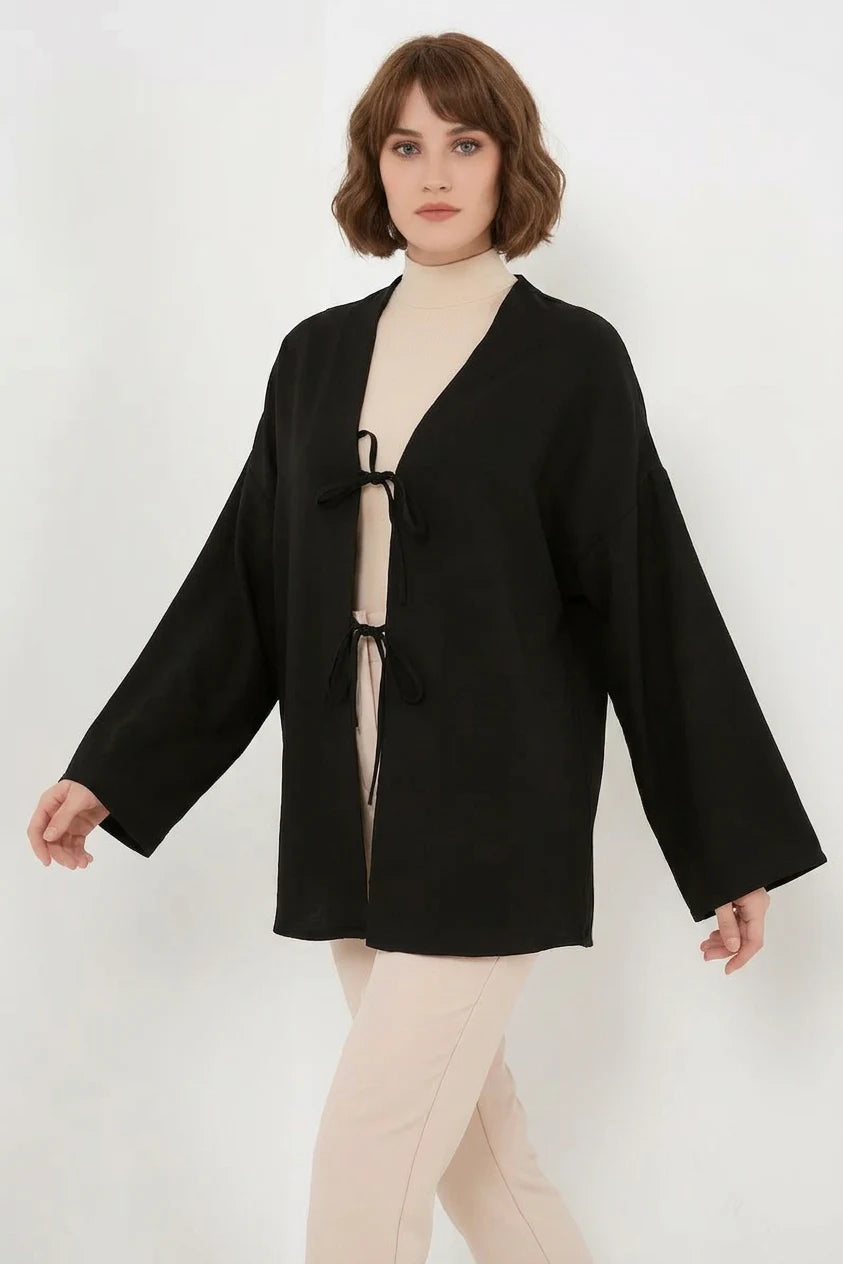 Kadın Bağcıklı Viskon Siyah Tesettür Kimono