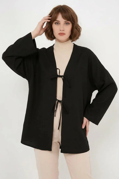 Kadın Bağcıklı Viskon Siyah Tesettür Kimono