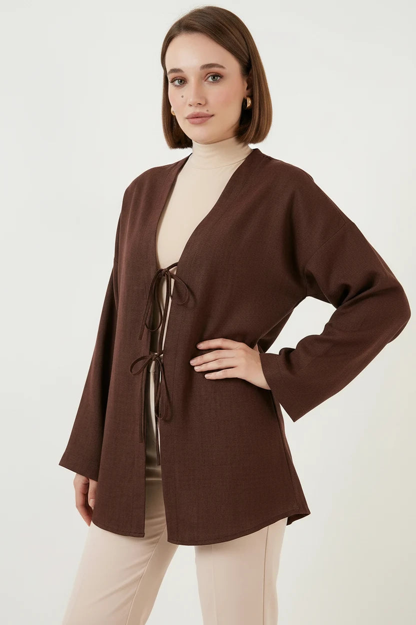 Kadın Kuşaklı Viskon Kahverengi Tesettür Kimono