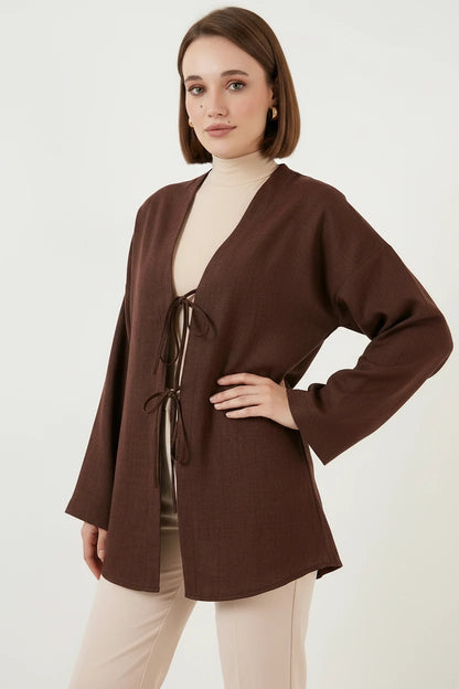 Kadın Kuşaklı Viskon Kahverengi Tesettür Kimono