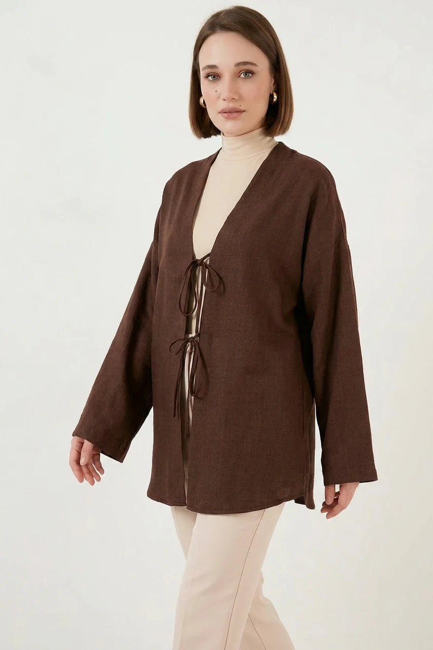 Kadın Kuşaklı Viskon Kahverengi Tesettür Kimono