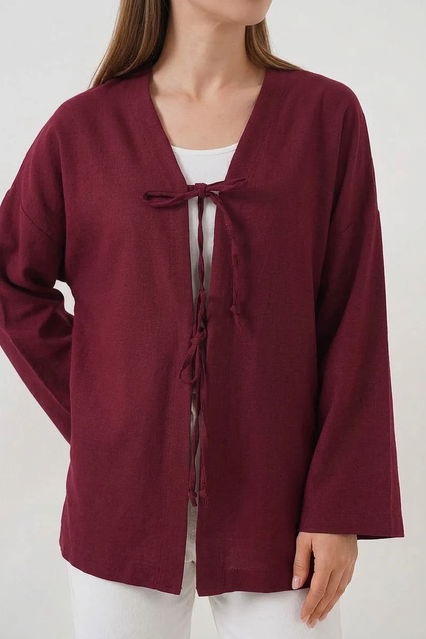 Kadın V Yaka Bağcıklı Viskon Bordo Tesettür Kimono