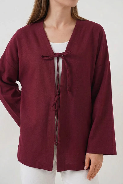 Kadın V Yaka Bağcıklı Viskon Bordo Tesettür Kimono