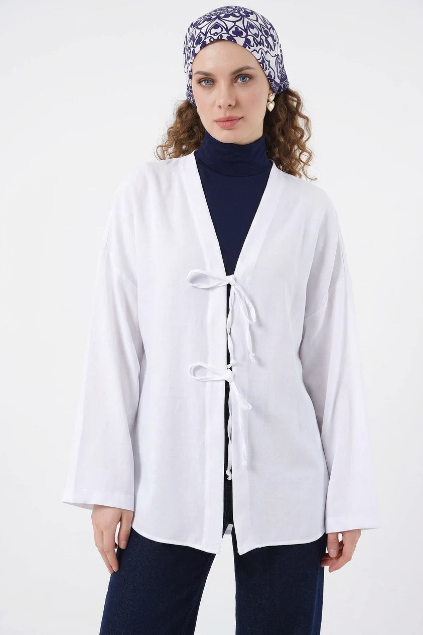 Kadın V Yaka Bağcıklı Viskon Beyaz Tesettür Kimono