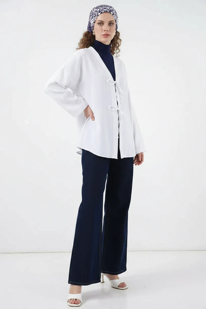 Kadın V Yaka Bağcıklı Viskon Beyaz Tesettür Kimono