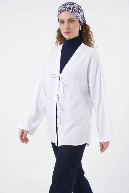 Kadın V Yaka Bağcıklı Viskon Beyaz Tesettür Kimono