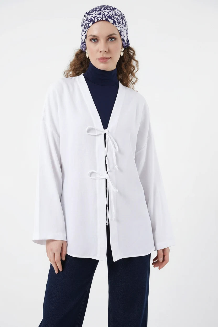 Kadın V Yaka Bağcıklı Viskon Beyaz Tesettür Kimono