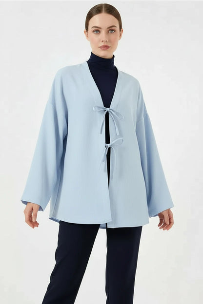Kadın V Yaka Kuşaklı Viskon Mavi Tesettür Kimono