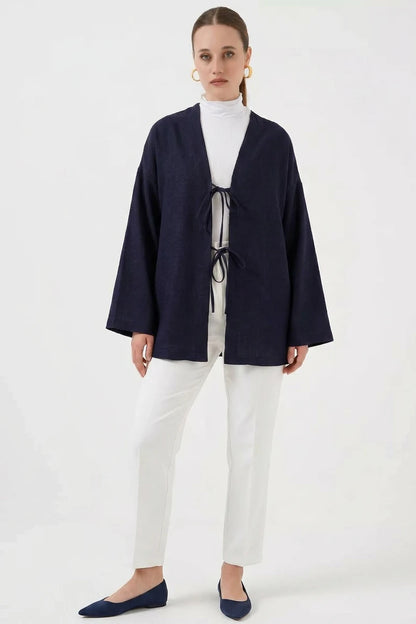 Kadın V Yaka Bağcıklı Viskon Lacivert Tesettür Kimono