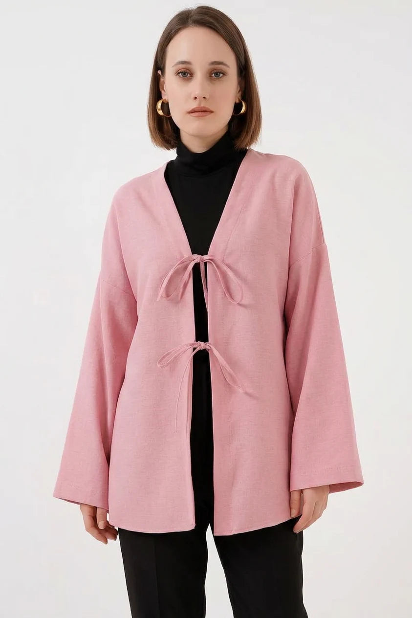 Kadın Yaka Bağcıklı Viskon Pudra Tesettür Kimono