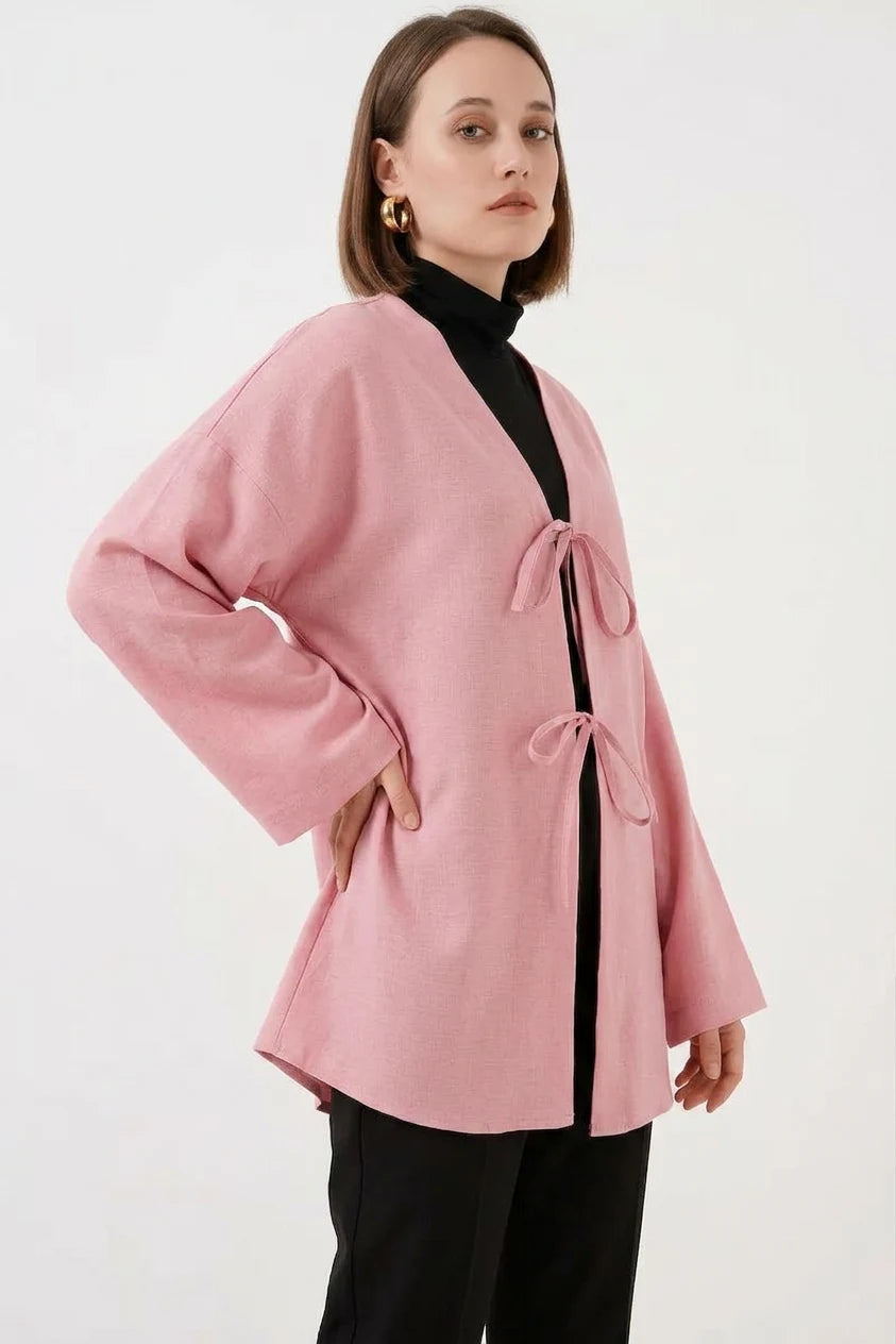 Kadın Yaka Bağcıklı Viskon Pudra Tesettür Kimono