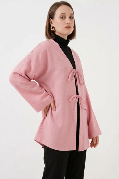 Kadın Yaka Bağcıklı Viskon Pudra Tesettür Kimono