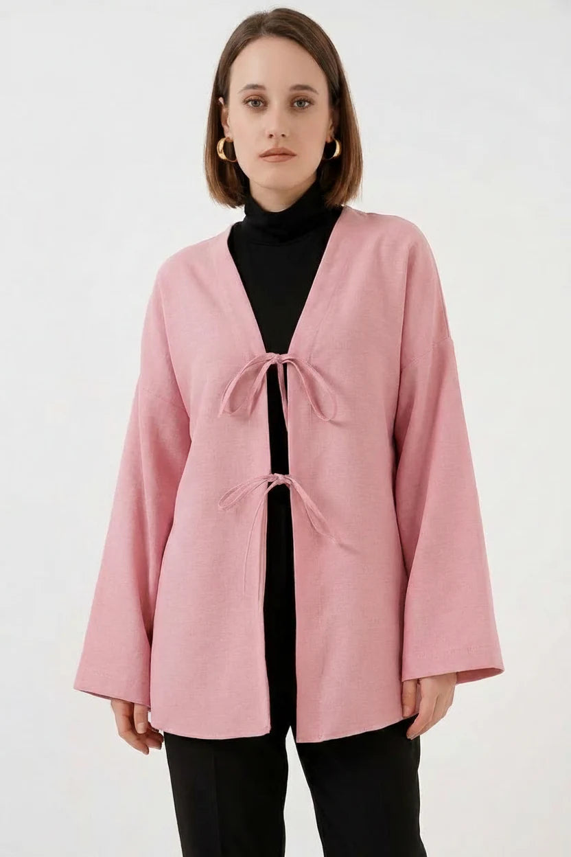 Kadın Yaka Bağcıklı Viskon Pudra Tesettür Kimono