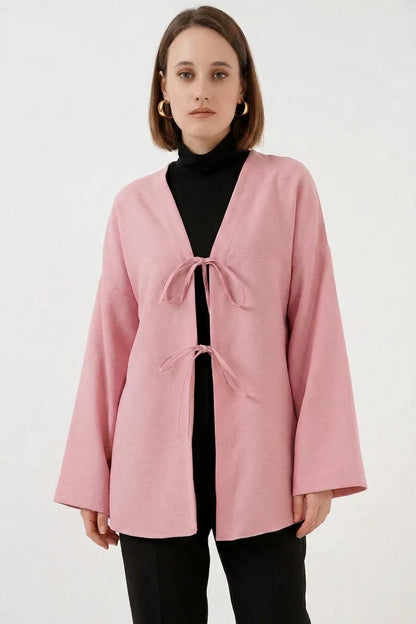 Kadın Yaka Bağcıklı Viskon Pudra Tesettür Kimono