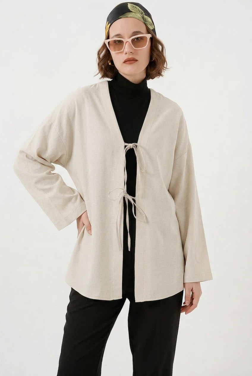 Kadın V Yaka Kuşaklı Keten Ekru Tesettür Kimono