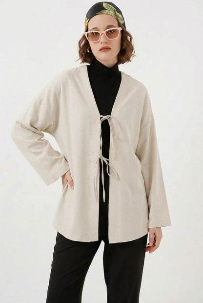 Kadın V Yaka Kuşaklı Keten Ekru Tesettür Kimono