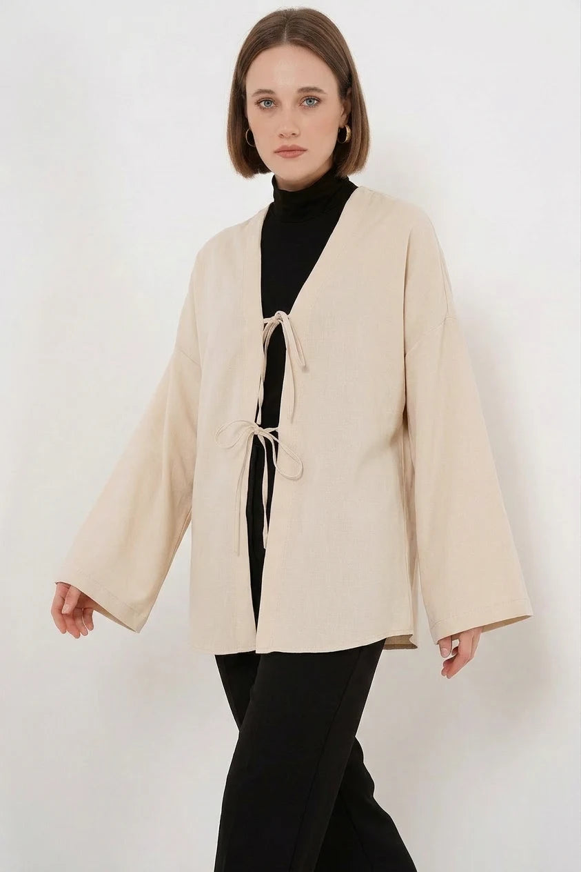 Kadın Kuşaklı Viskon Krem Tesettür Kimono