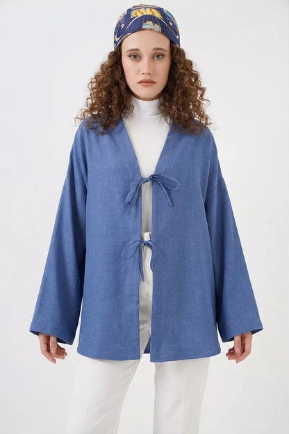 Kadın V Yaka Bağcıklı Viskon İndigo Tesettür Kimono