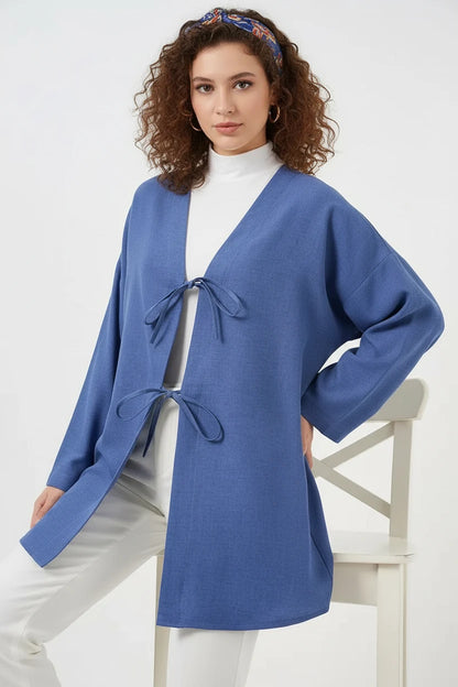 Kadın V Yaka Bağcıklı Viskon İndigo Tesettür Kimono