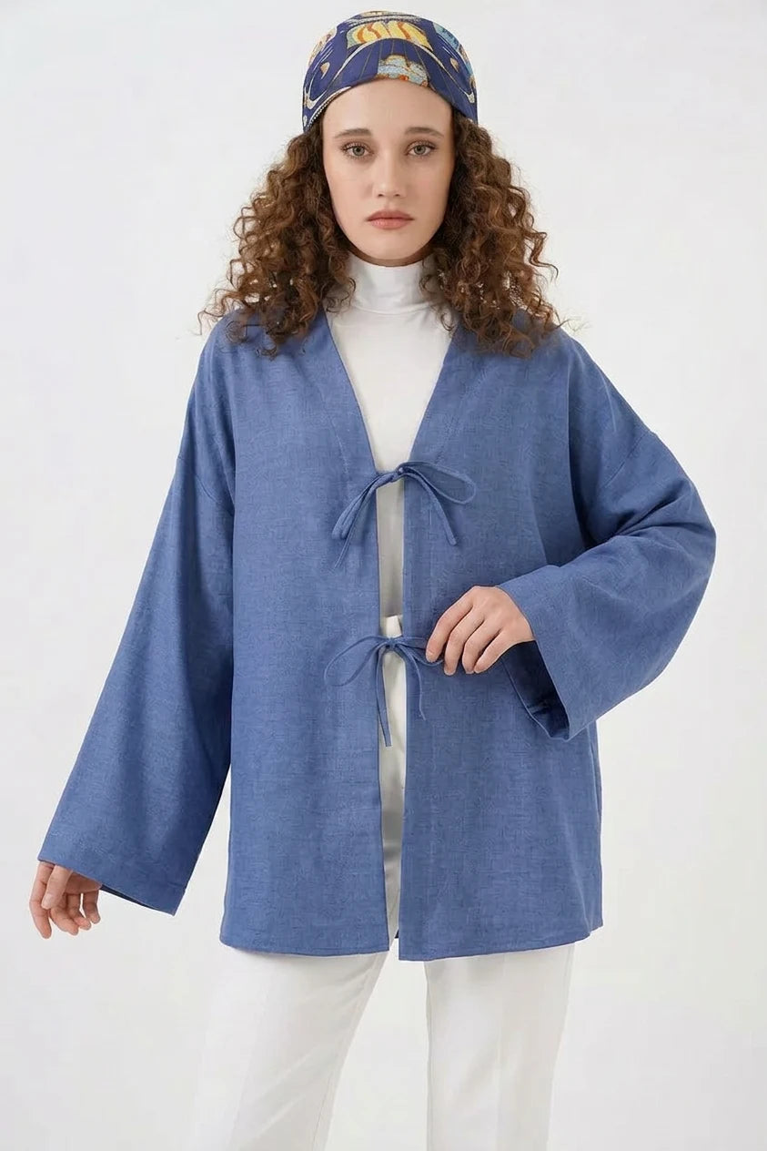 Kadın V Yaka Bağcıklı Viskon İndigo Tesettür Kimono