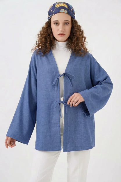 Kadın V Yaka Bağcıklı Viskon İndigo Tesettür Kimono