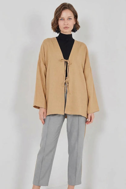 Kadın V Yaka Kuşaklı Viskon Camel Tesettür Kimono