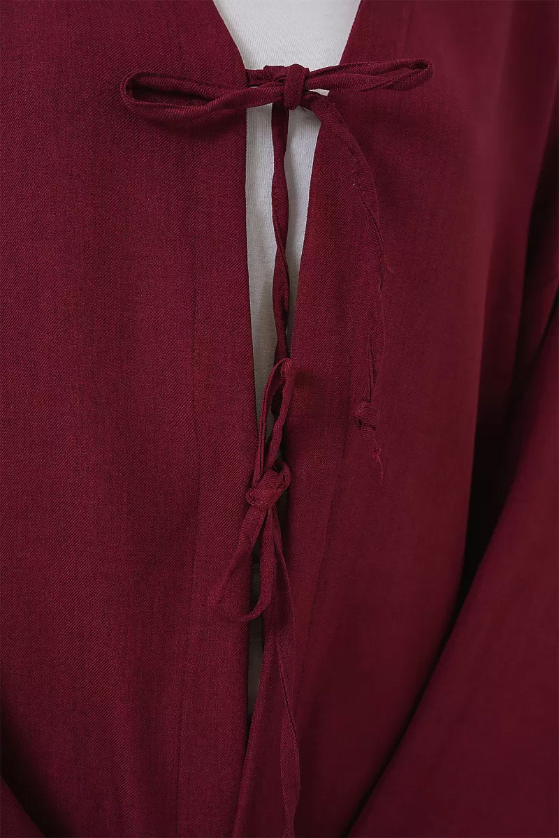Kadın V Yaka Bağcıklı Viskon Bordo Tesettür Kimono