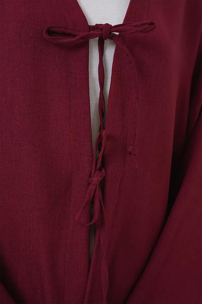 Kadın V Yaka Bağcıklı Viskon Bordo Tesettür Kimono
