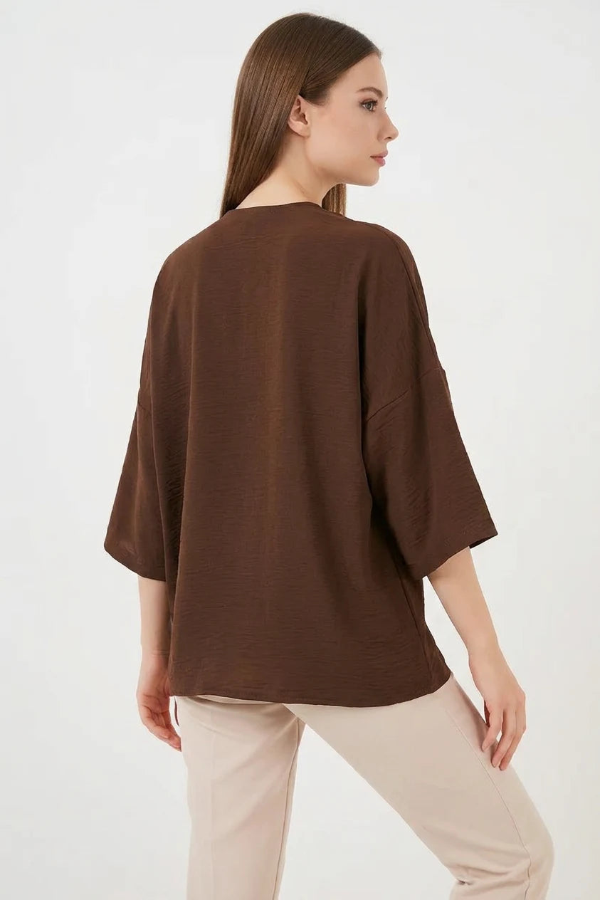 Kadın V Yaka Kısa Kol Oversize Kahverengi Kimono