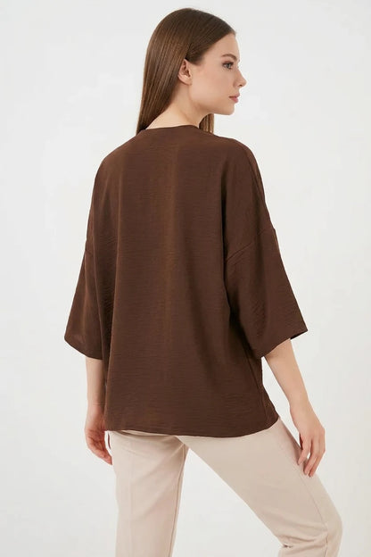 Kadın V Yaka Kısa Kol Oversize Kahverengi Kimono