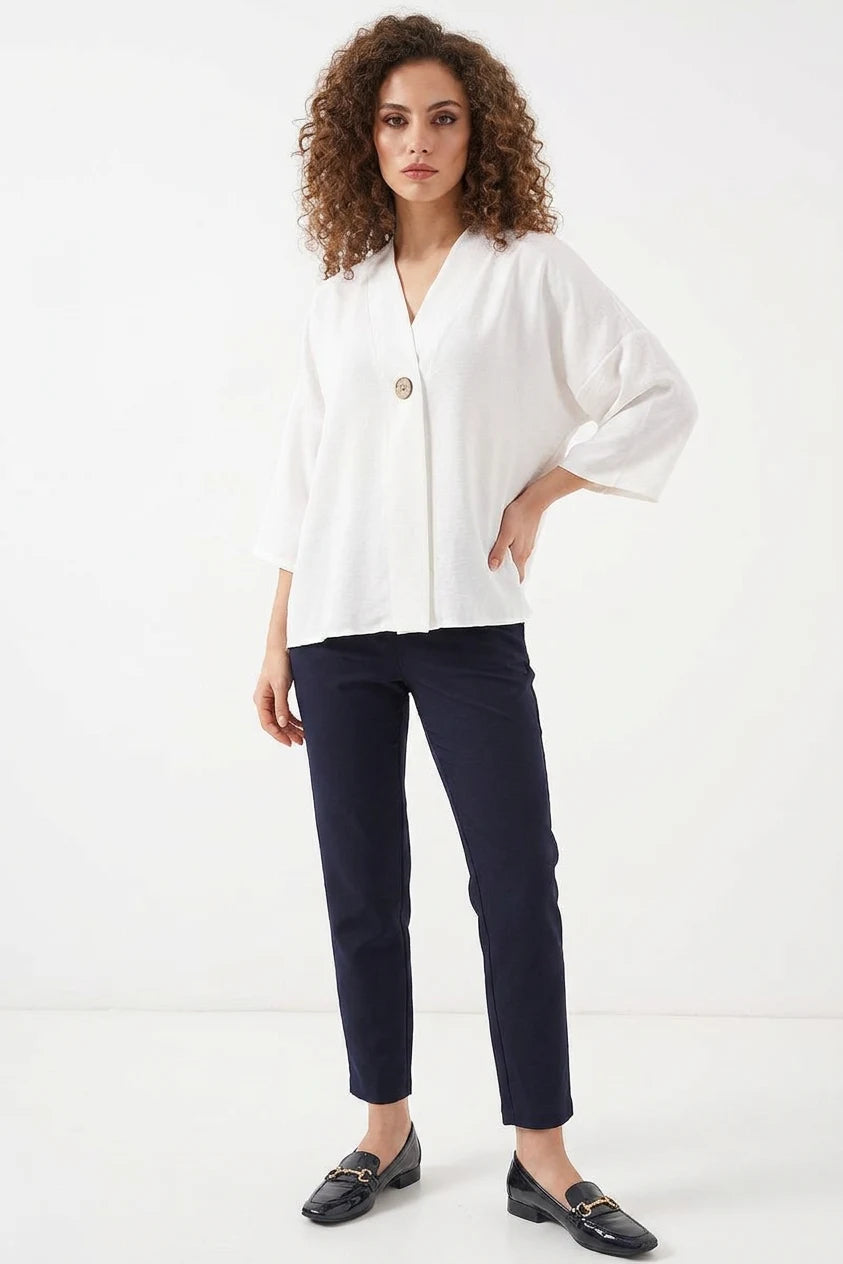 Kadın V Yaka Oversize Kısa Kol Beyaz Kimono