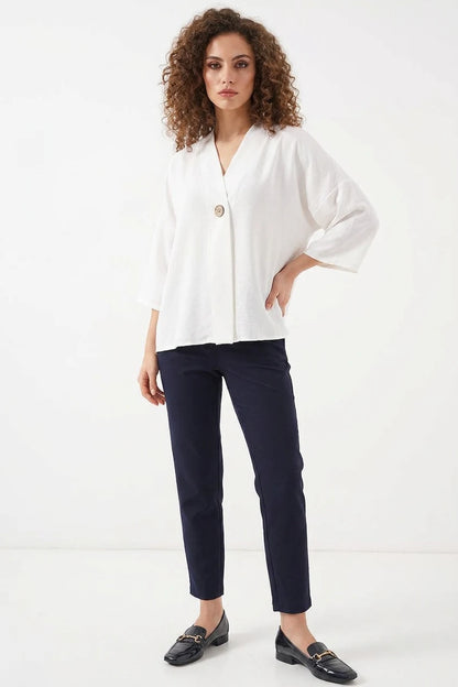 Kadın V Yaka Oversize Kısa Kol Beyaz Kimono