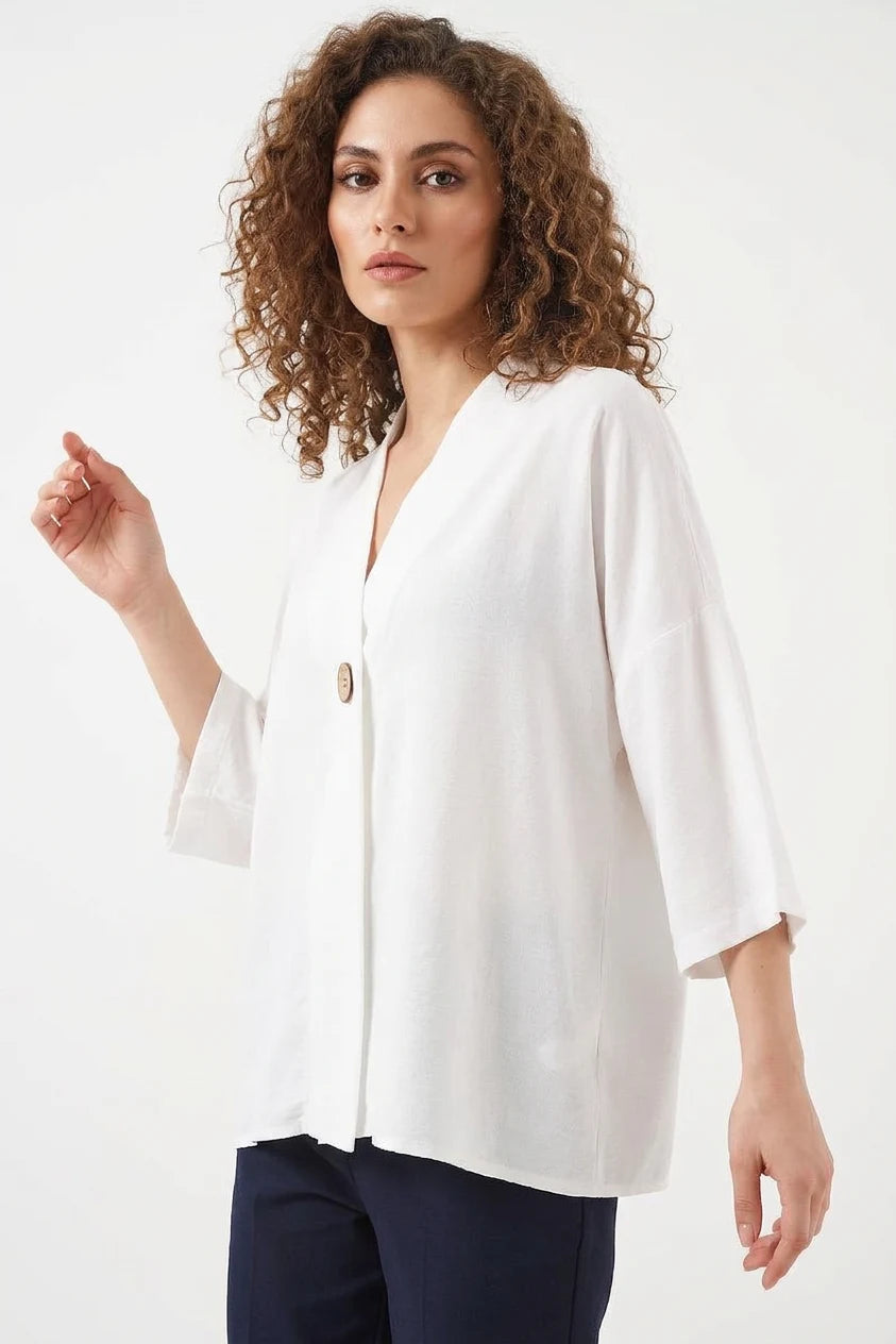 Kadın V Yaka Oversize Kısa Kol Beyaz Kimono