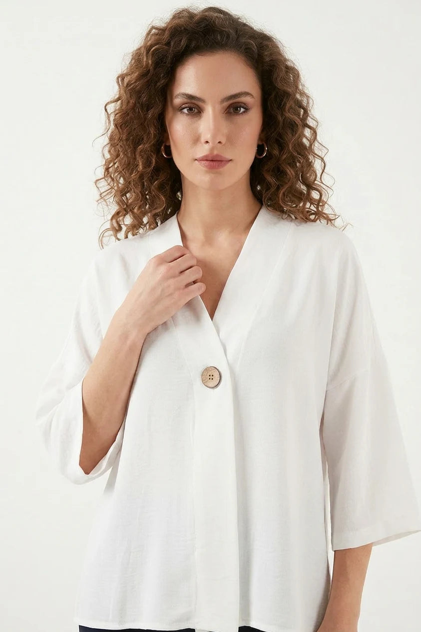 Kadın V Yaka Oversize Kısa Kol Beyaz Kimono