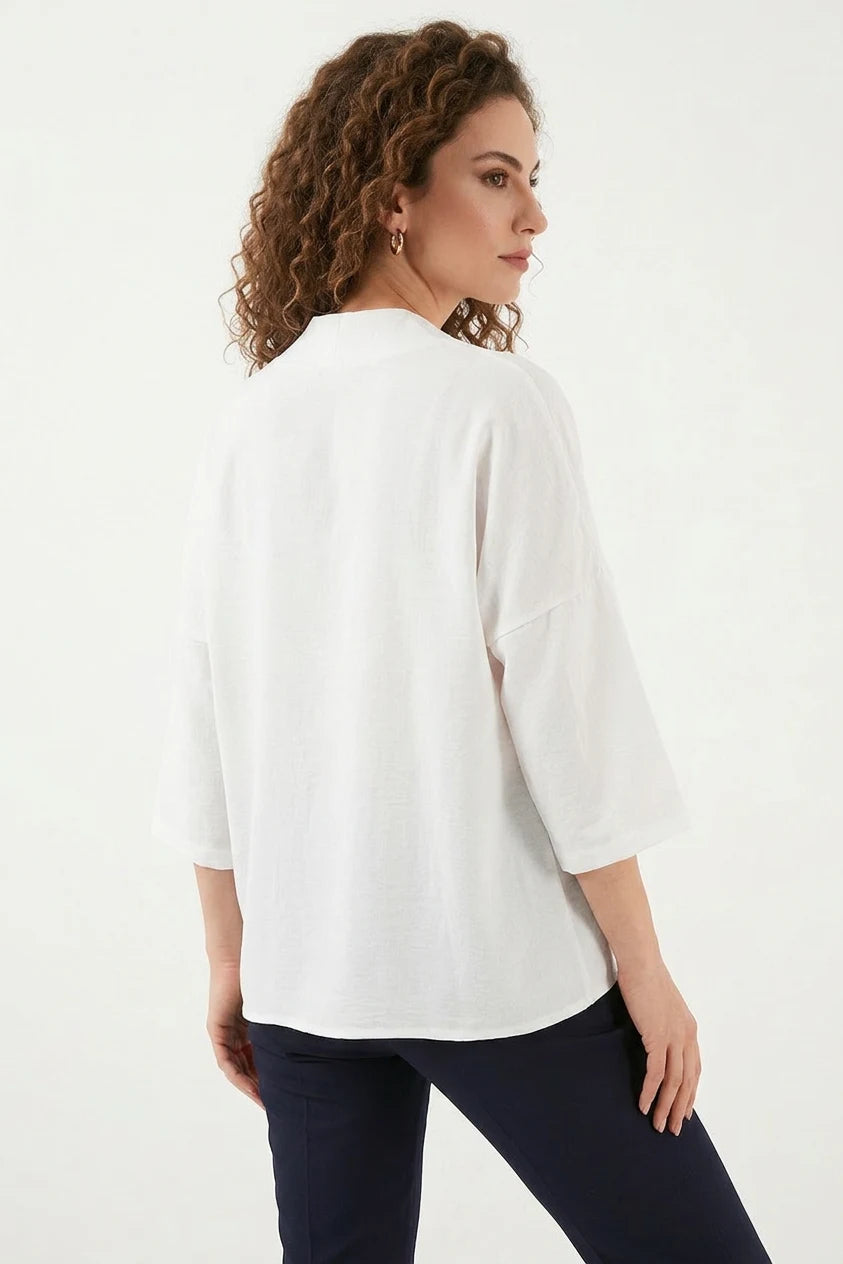 Kadın V Yaka Oversize Kısa Kol Beyaz Kimono