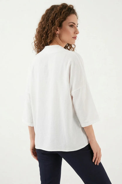 Kadın V Yaka Oversize Kısa Kol Beyaz Kimono