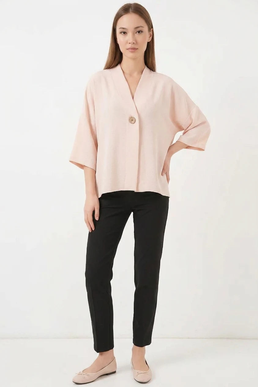 Kadın V Yaka Kısa Kol Oversize Krem Kimono