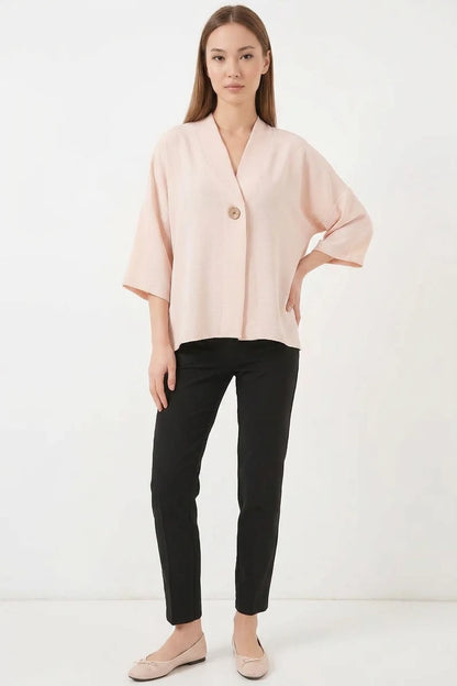 Kadın V Yaka Kısa Kol Oversize Krem Kimono