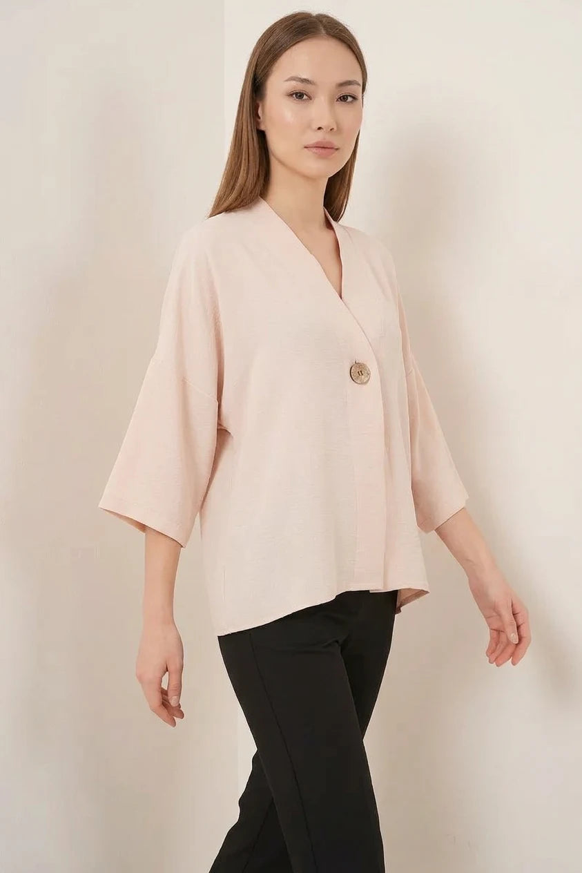 Kadın V Yaka Kısa Kol Oversize Krem Kimono